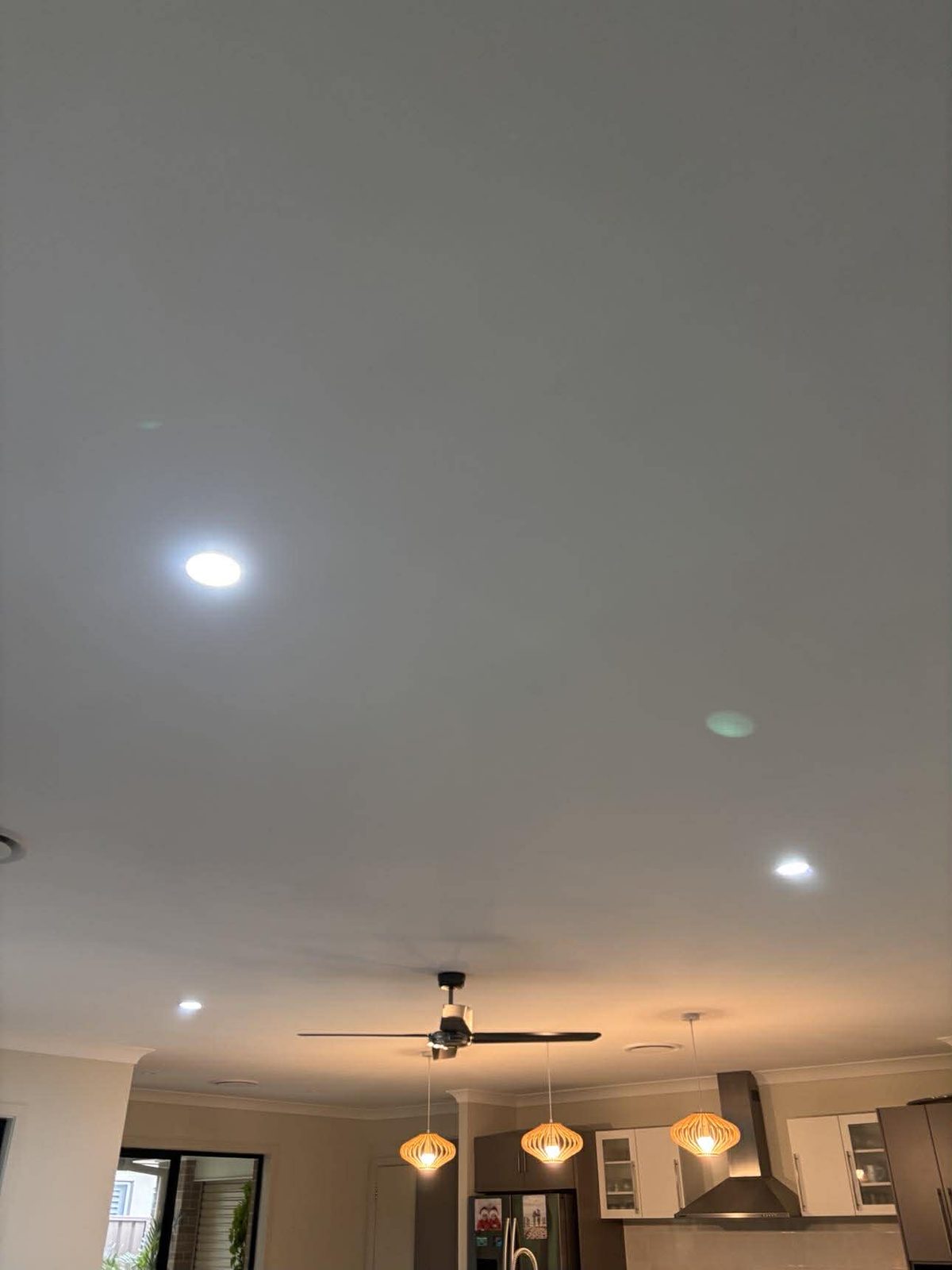 Open-plan kitchen with LED downlights and pendant lights, Newcastle
